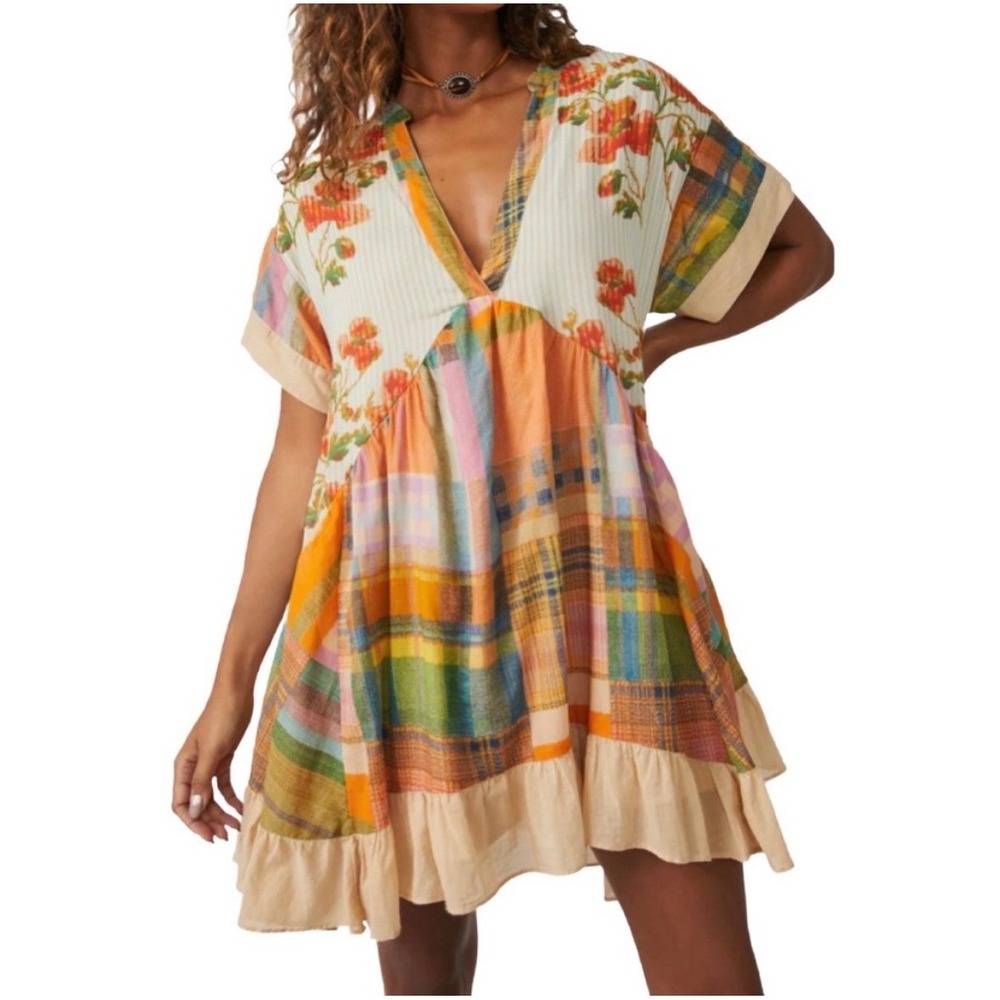 Free People Agnes Printed Mini Dress Spring Combo Patchwork Floral Plaid M